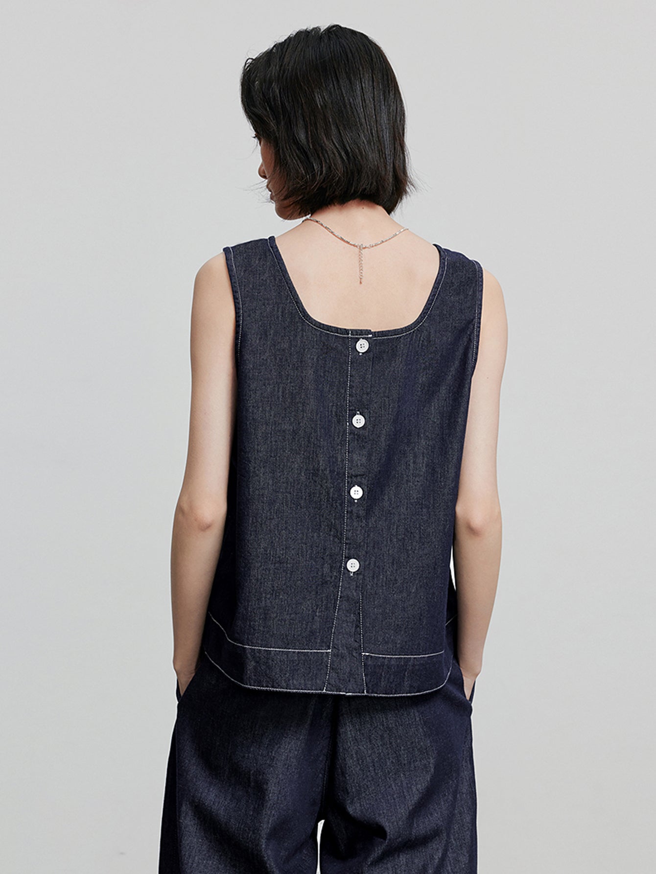 Denim Sleeveless Button-Front Blouse