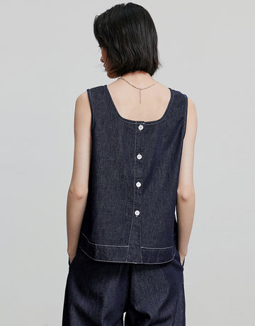 Denim Sleeveless Button-Front Blouse