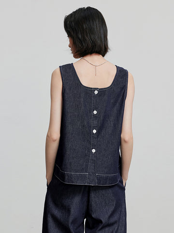 Denim Sleeveless Button-Front Blouse