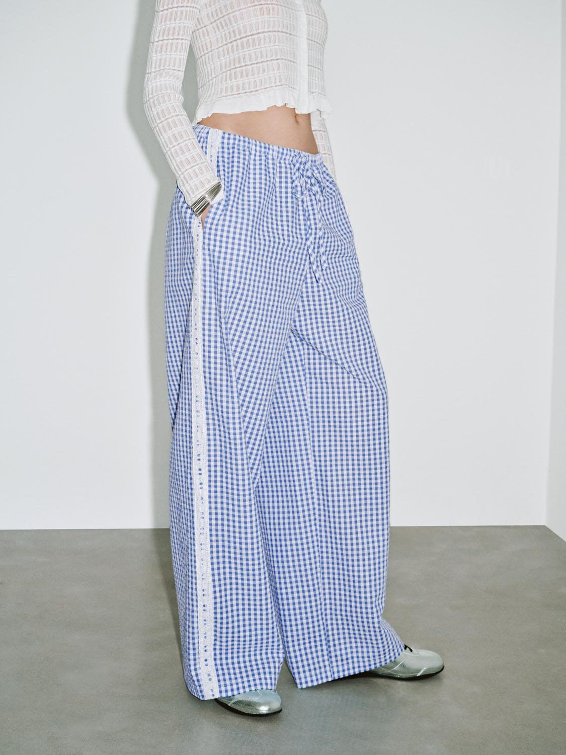 Urban Revivo Wide-Leg Pants-Sky Blue Check