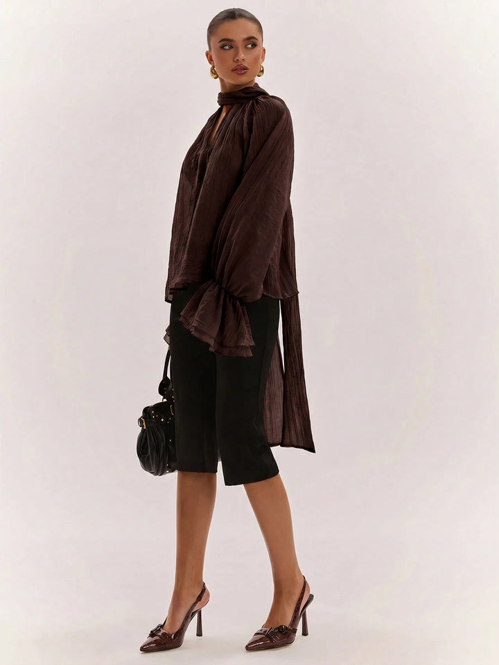 Sheer Ruffle Sleeve Mock Neck Blouse