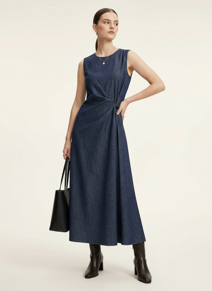 Urban Revivo Knot Front Sleeveless Denim Midi Dresses-Indigo