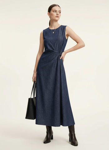 Urban Revivo Knot Front Sleeveless Denim Midi Dresses-Indigo
