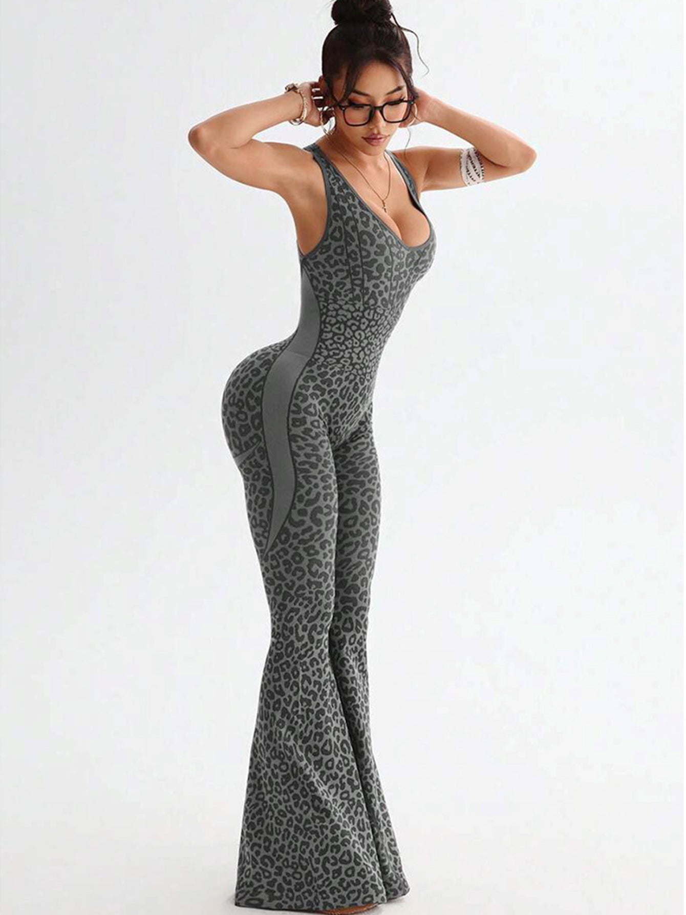 Leopard-Print Racerback Flared-Leg Workout Jumpsuit-Multicolor