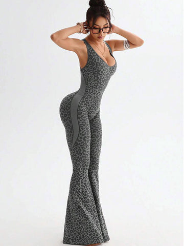 Leopard-Print Racerback Flared-Leg Workout Jumpsuit-Multicolor