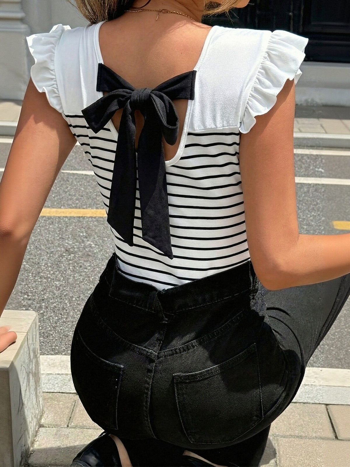 Ruffled Sleeve Striped Cotton T Shirt