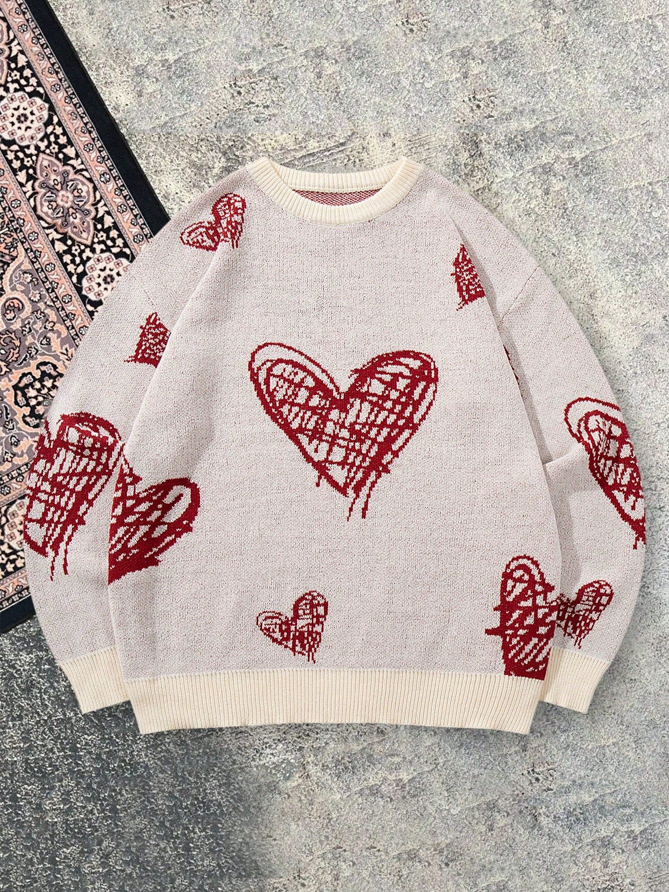 Graffiti Style Red Heart Print Relaxed Knit Pullover