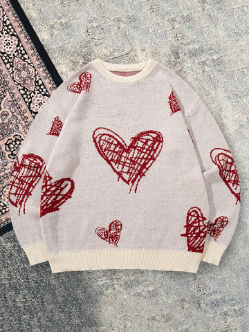 Graffiti Style Red Heart Print Relaxed Knit Pullover
