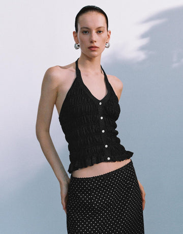 Urban Revivo Knitted Halter Neck Tops-Black