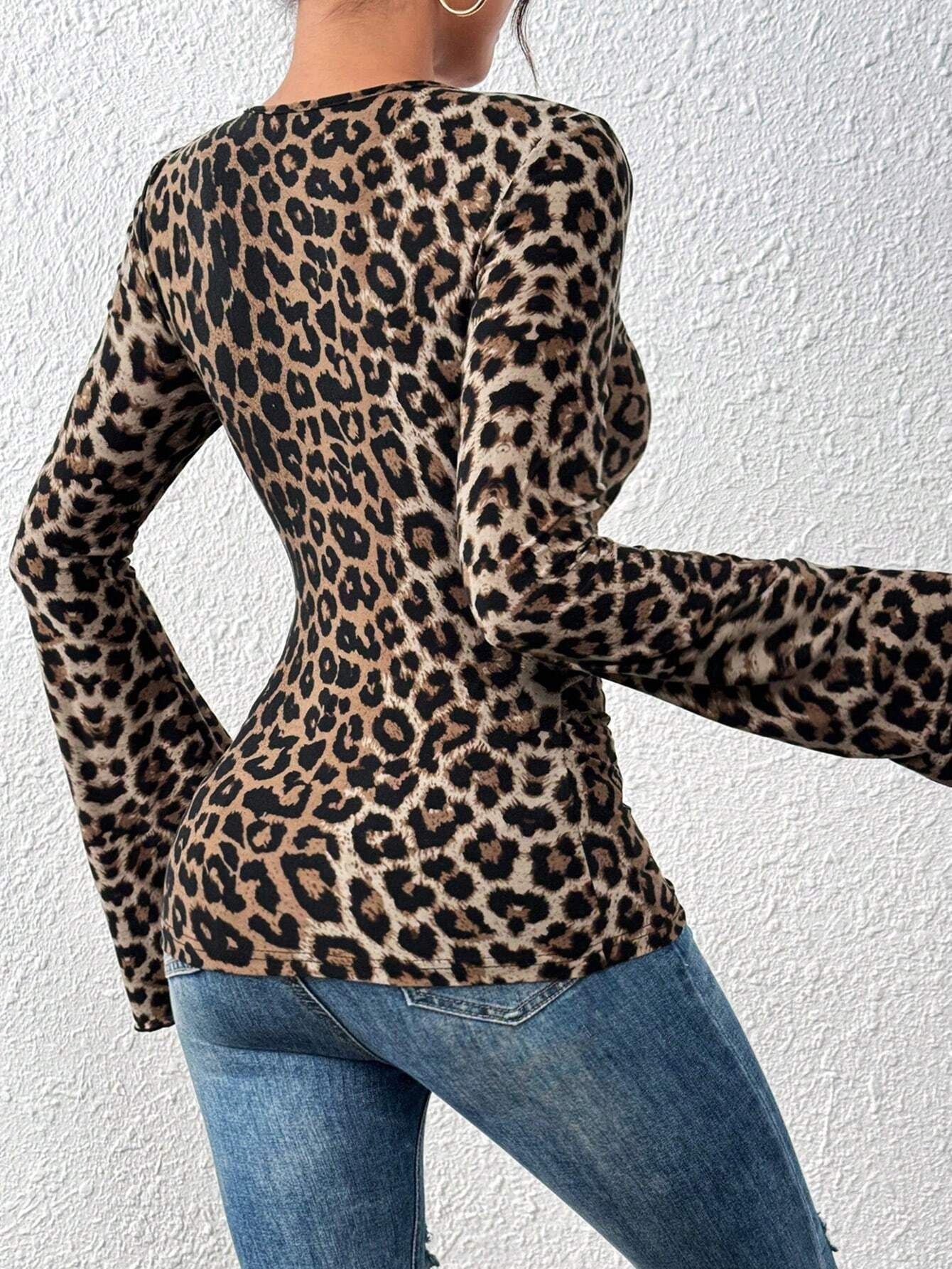 Leopard Print Wrap Bell Sleeve Top