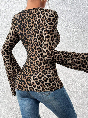 Leopard Print Wrap Bell Sleeve Top