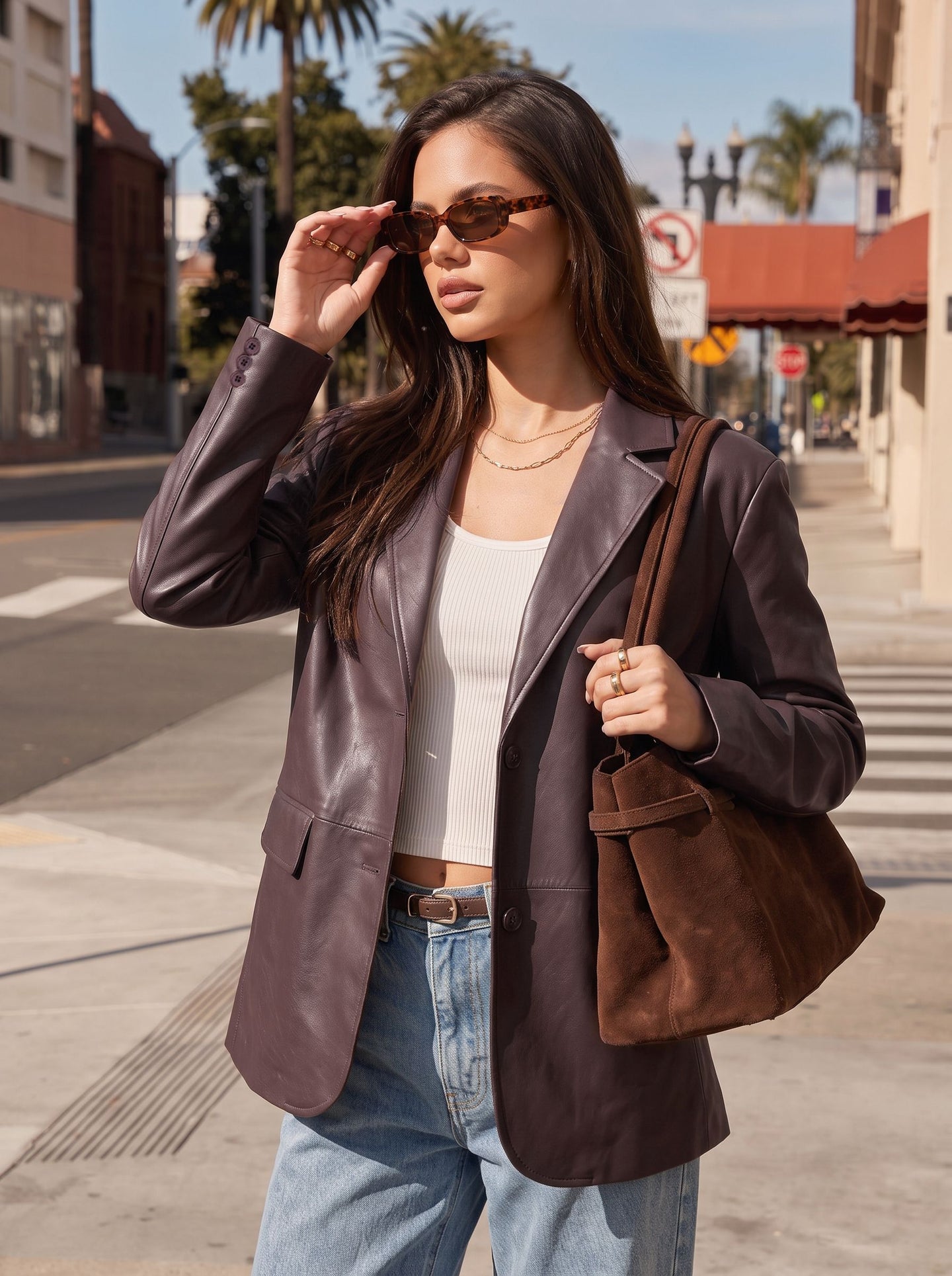 Classic Oversized Brown Faux Leather Blazer