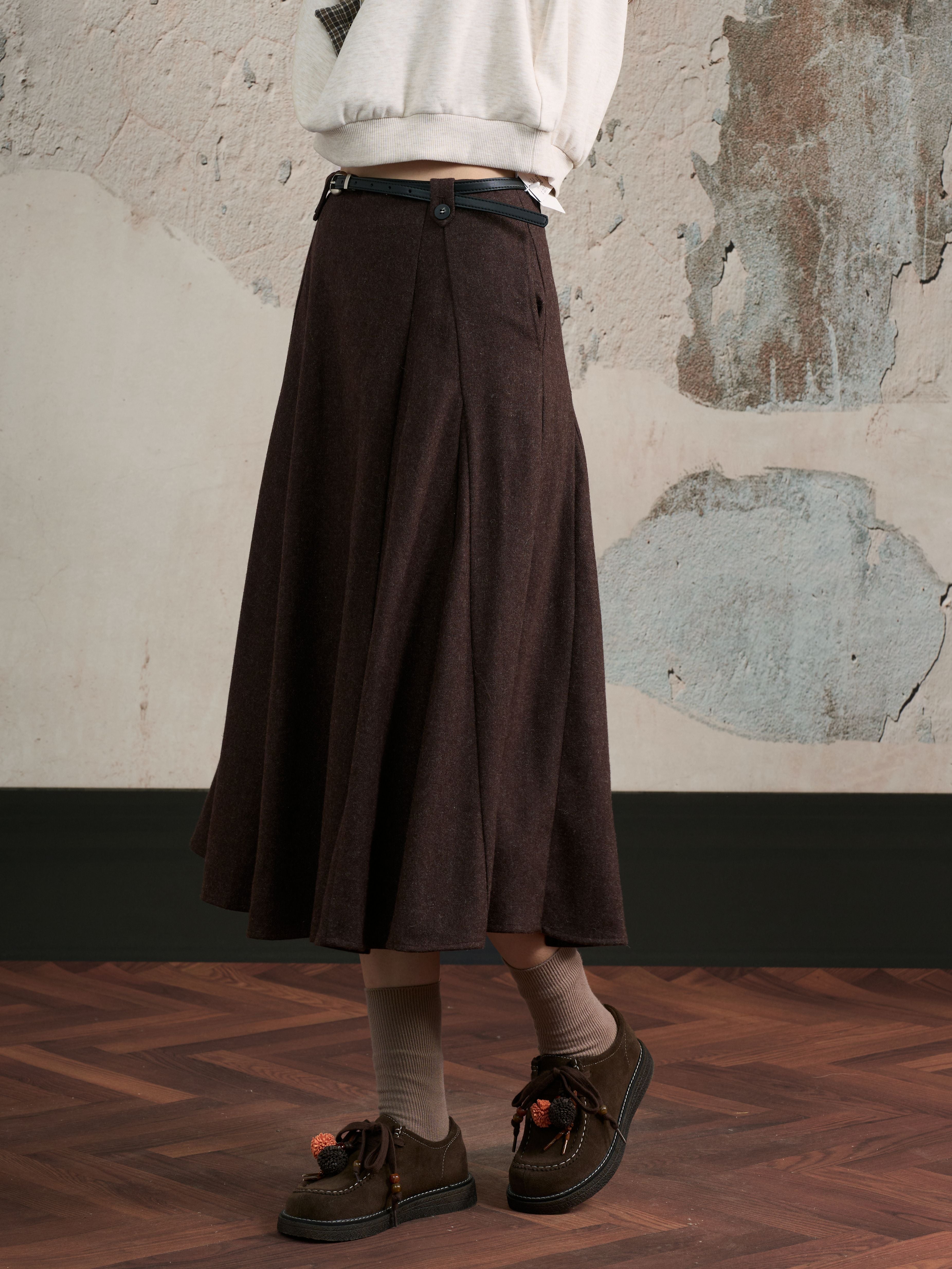High Waisted Pleated Wool Midi Skirt