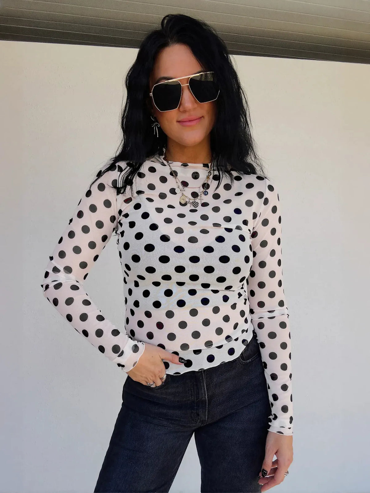 Sheer Polka Dot Mock Neck Top