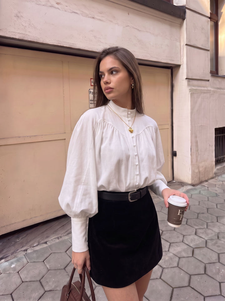 Elegant Balloon Sleeve Button Down Blouse