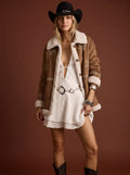 Embroidered Snowflake Faux Suede Sherpa Coat