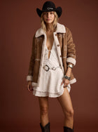 Embroidered Snowflake Faux Suede Sherpa Coat