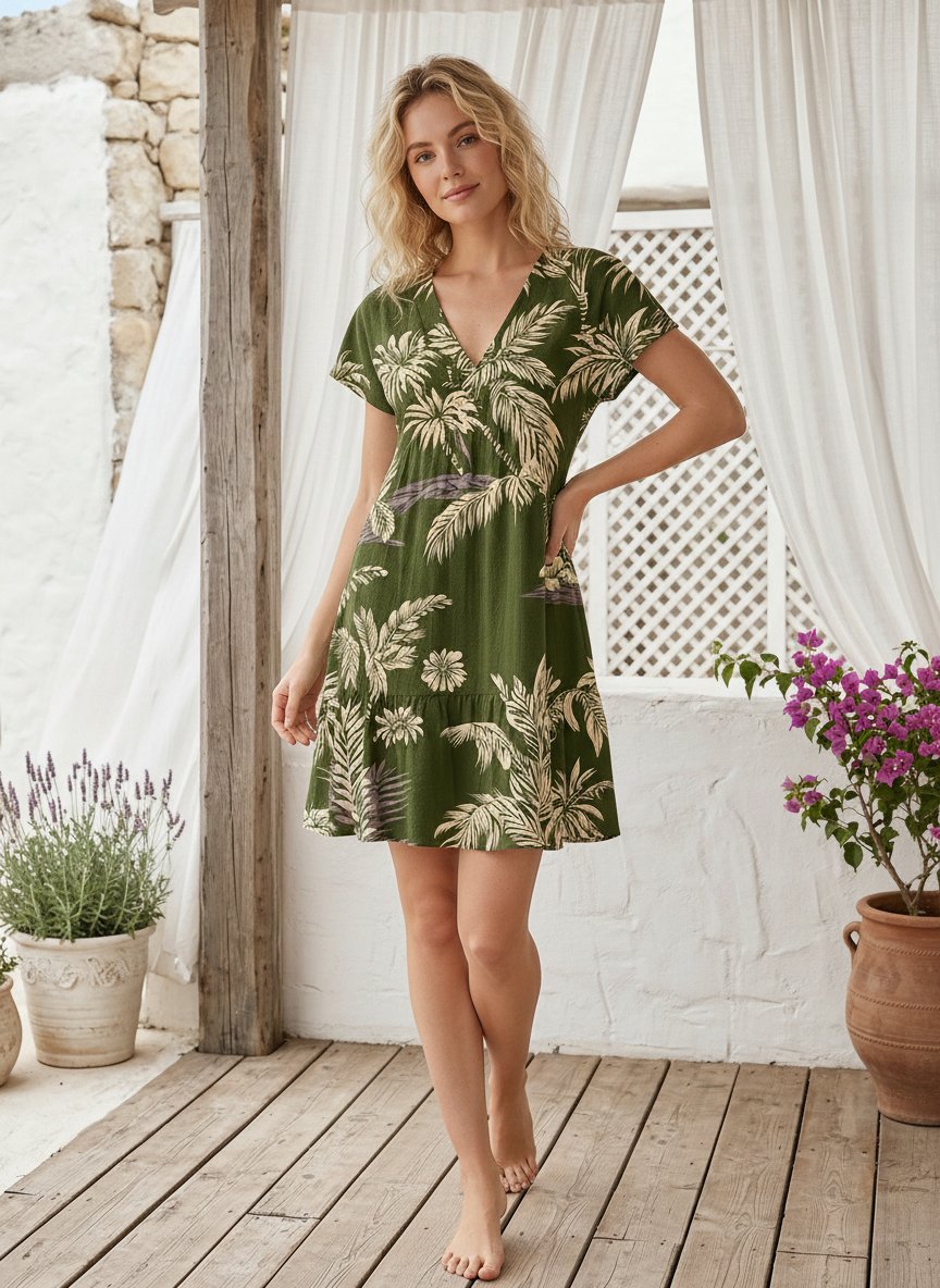 Floral Print V Neck Tiered Babydoll Mini Dress