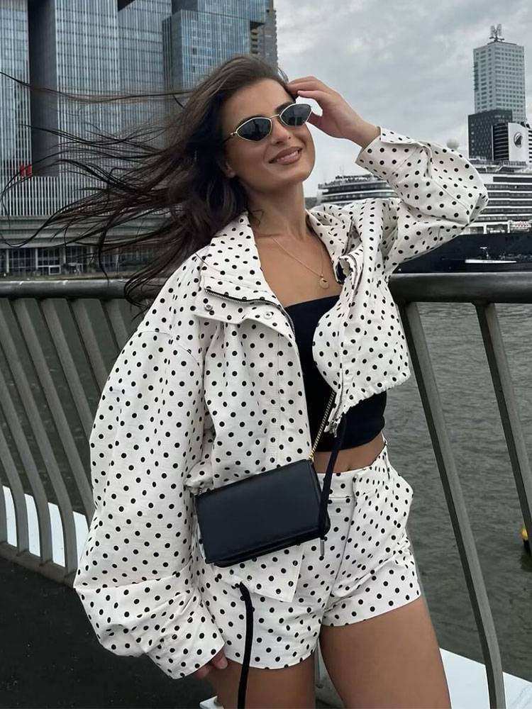 Polka Dot Cropped Drawstring Jacket