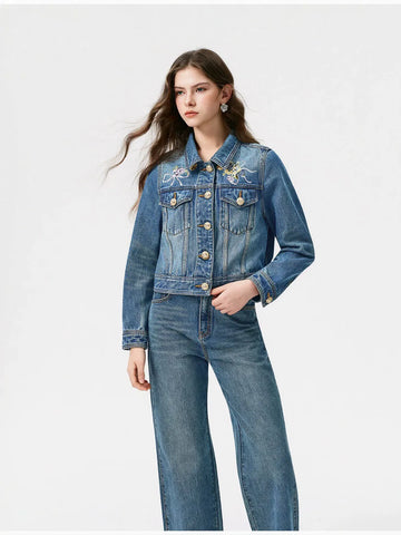 Embroidered Floral Gold Button Denim Jacket