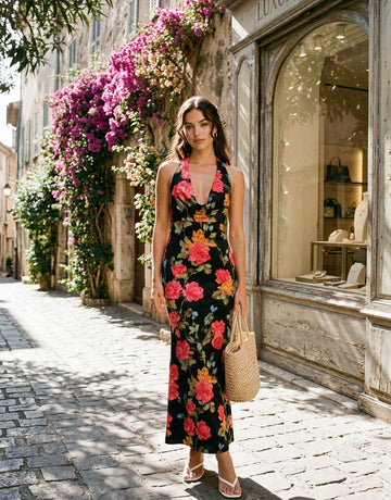 LILA Sicilian Rose Print Cowl Neck Bodycon Midi Dress