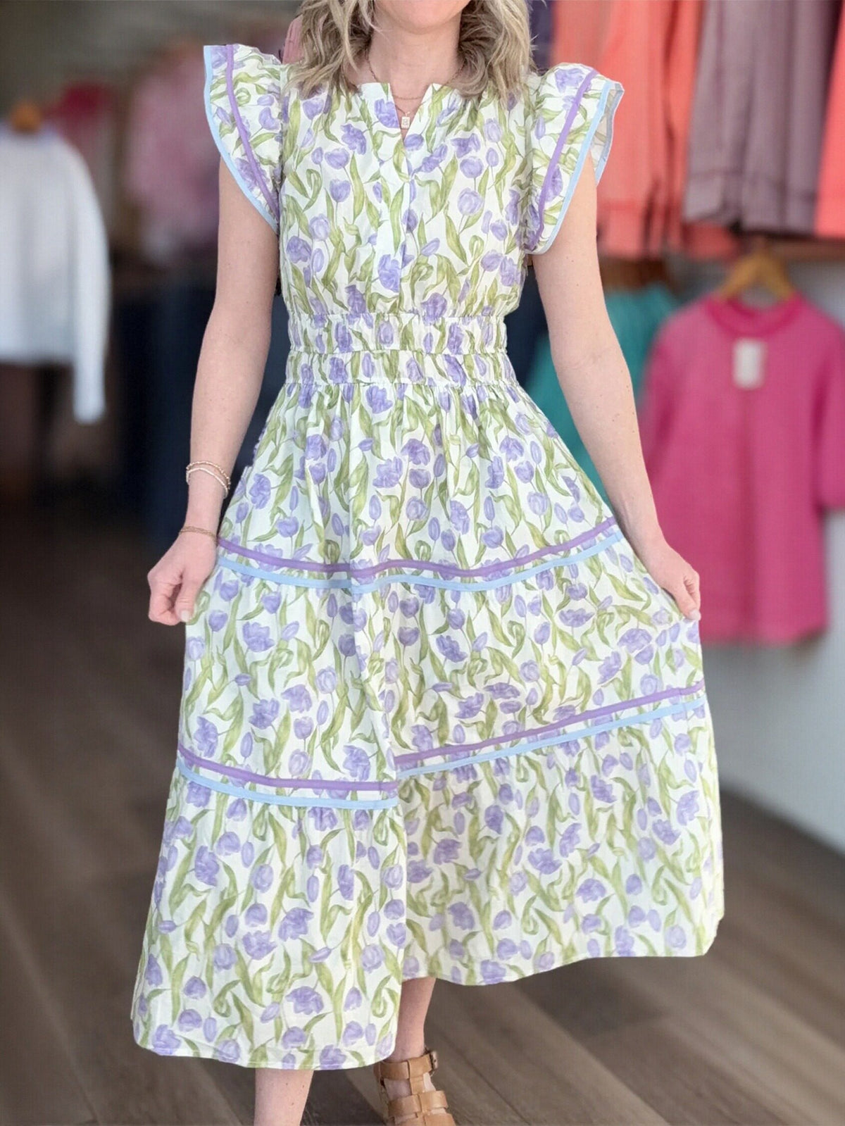 Floral Ruffle Sleeve Tiered Midi Dress