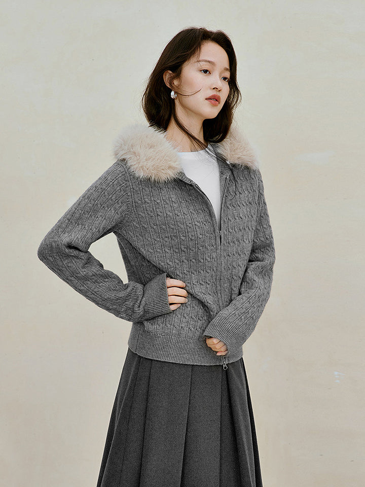 Faux Fur Hooded Cable Knit Cardigan