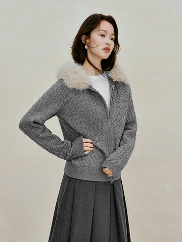 Faux Fur Hooded Cable Knit Cardigan