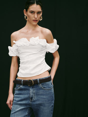 Ruffle Trim Embroidered Boat Neck Overhead Shirts