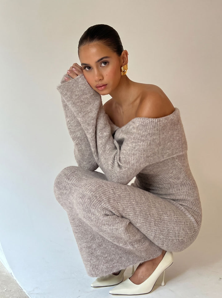 Off Shoulder Ribbed Knit Midi Dress