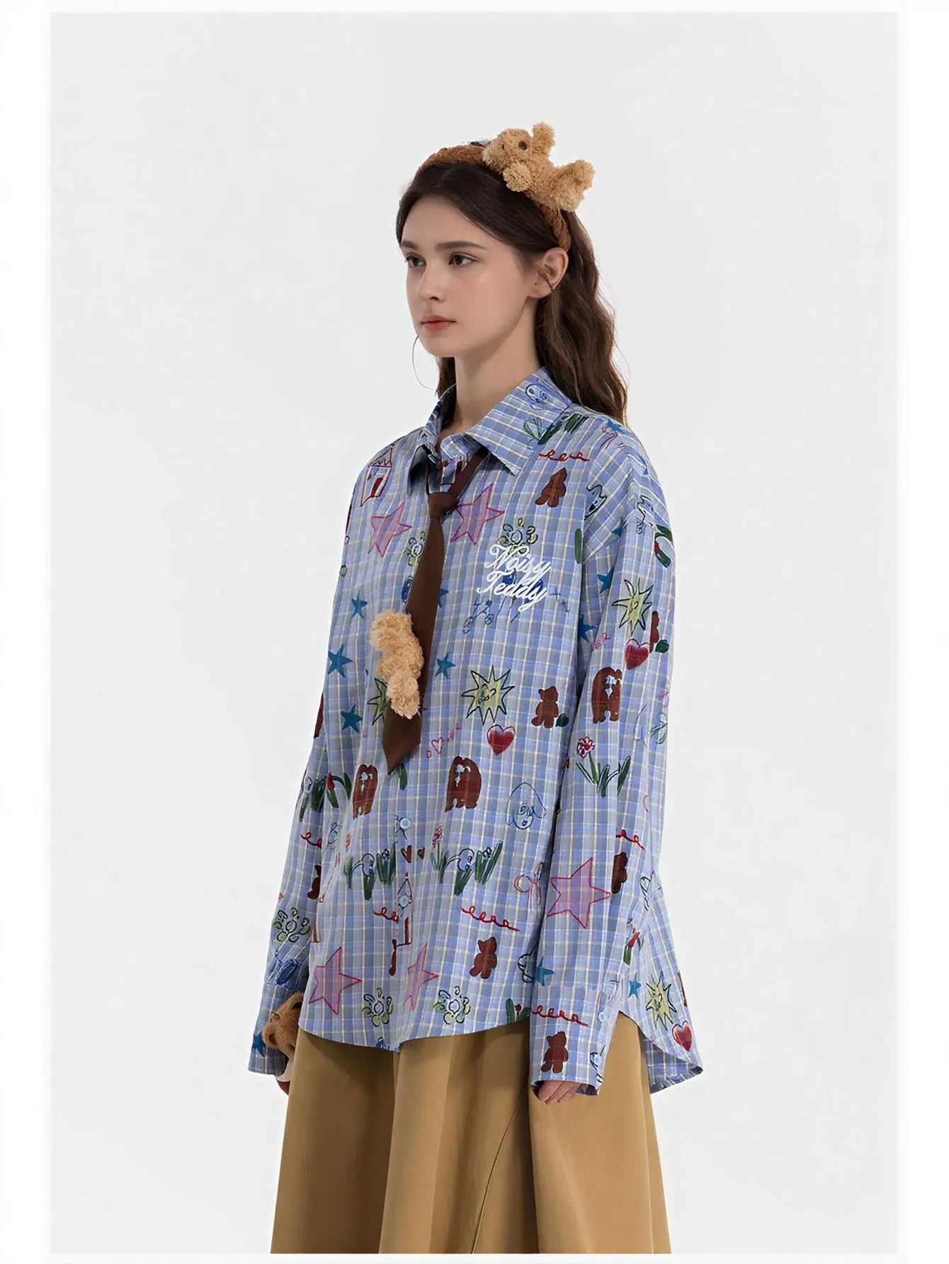 Oversized Plaid Doodle Print Button Up Shirt