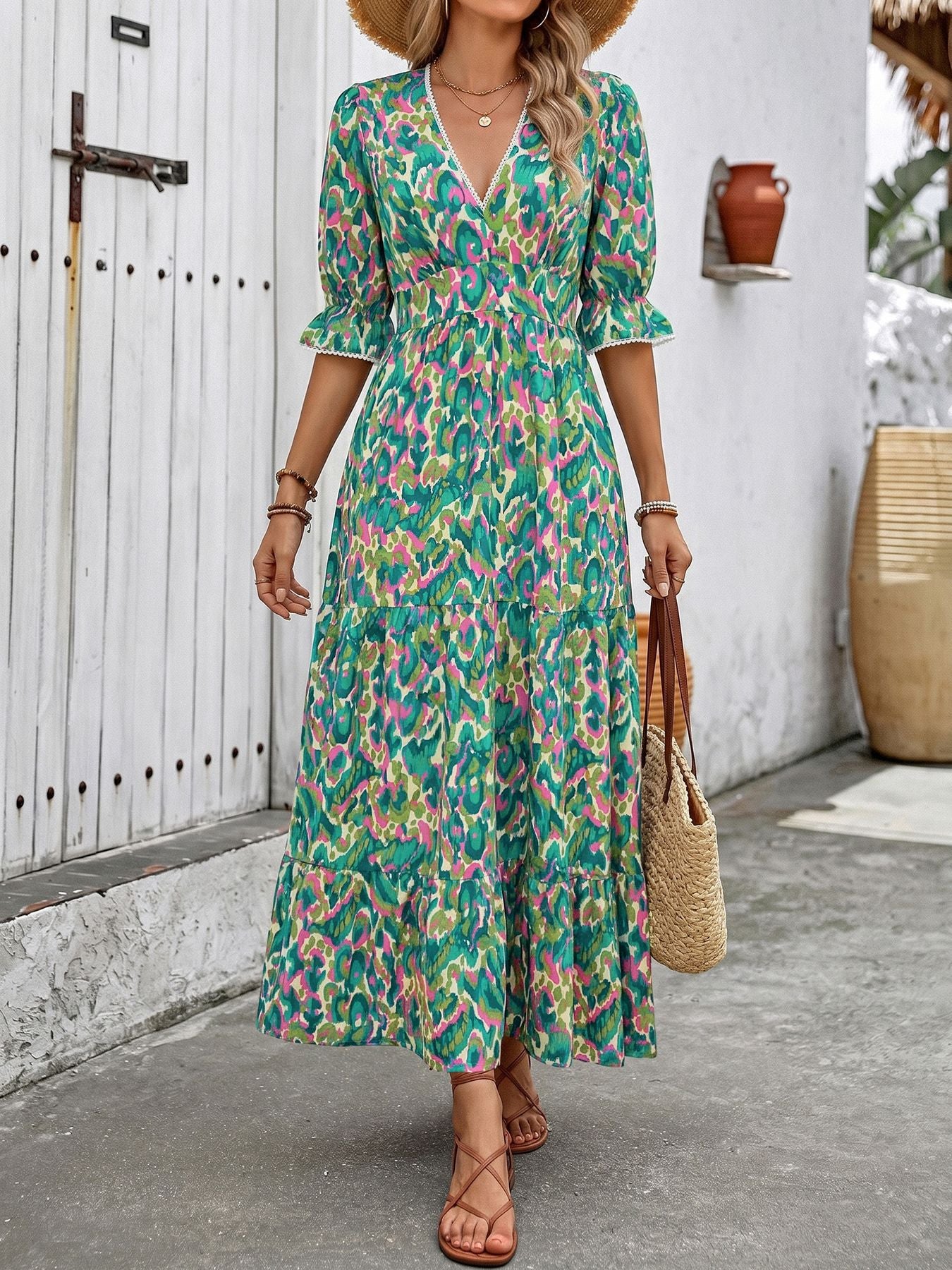 Boho Floral V Neck Maxi Dress