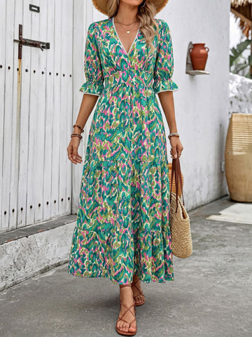 Boho Floral V Neck Maxi Dress
