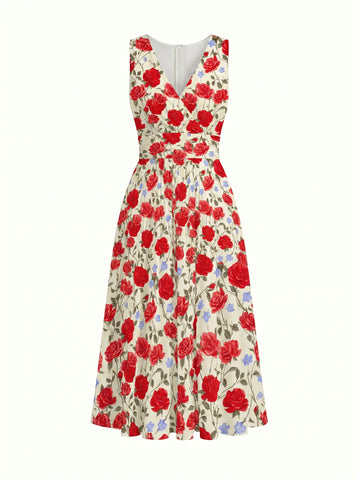 CORINNE
Floral Print V Neck A Line Midi Dress