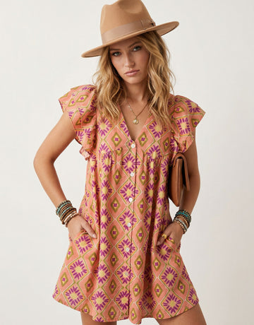 V Neck Colorful Floral Summer Mini Dress