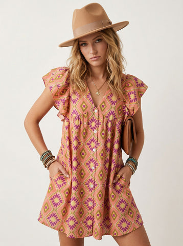 V Neck Colorful Floral Summer Mini Dress