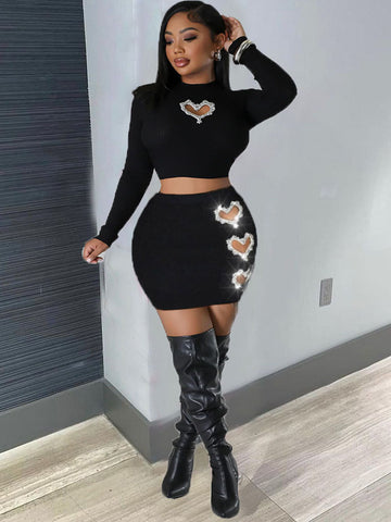 Rhinestone Heart Cutout Skirt Set