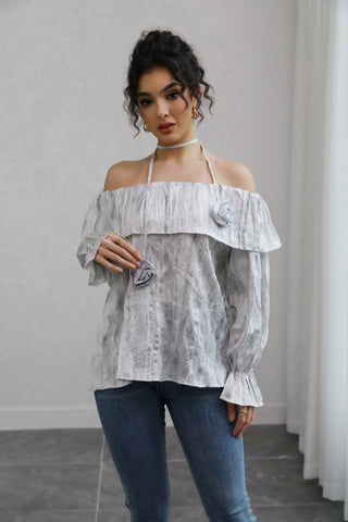 Off-the-Shoulder Ruffled Rose-Embellished Chic Blouse-Gray