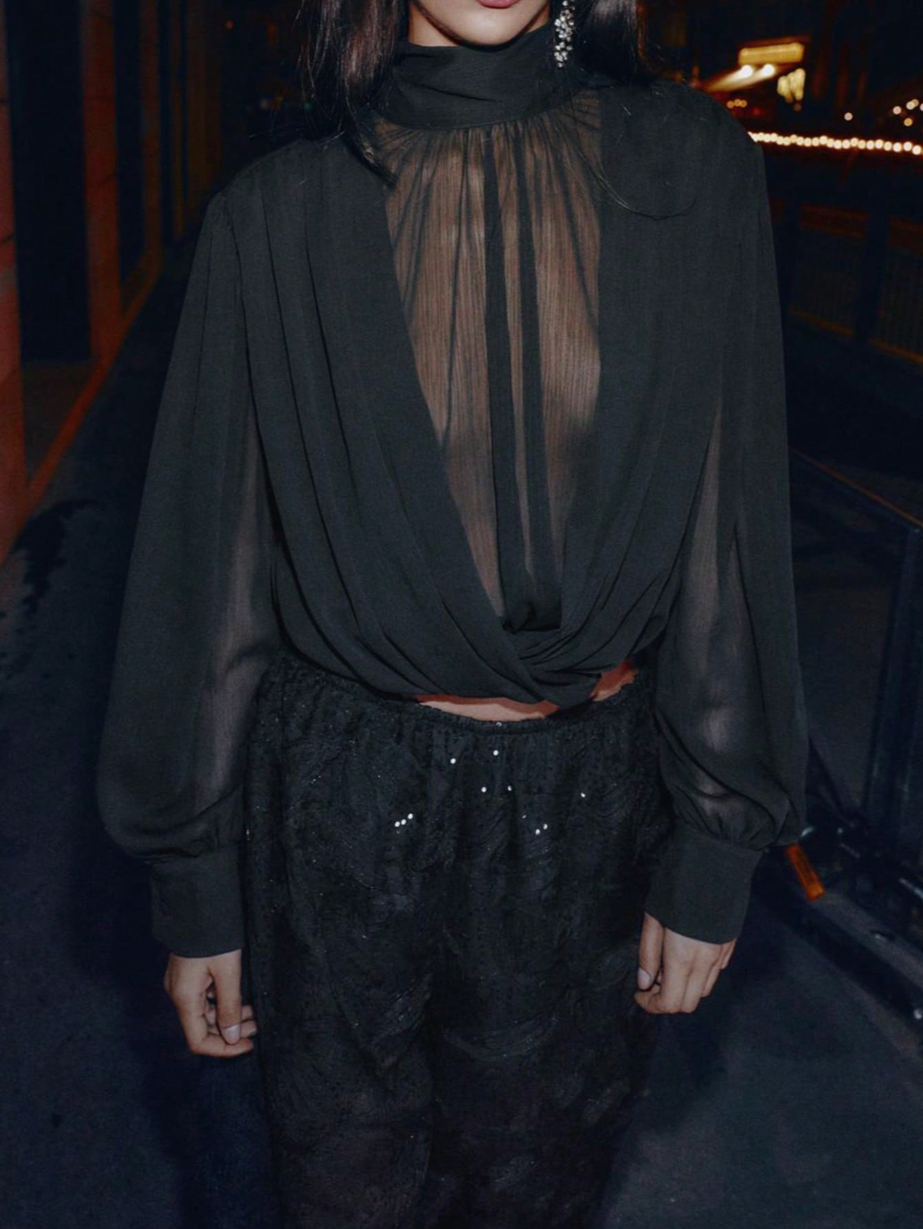 Elegant Draped Mock Neck Chiffon Blouse