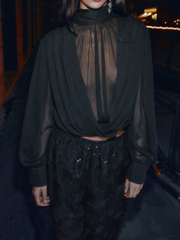 Elegant Draped Mock Neck Chiffon Blouse