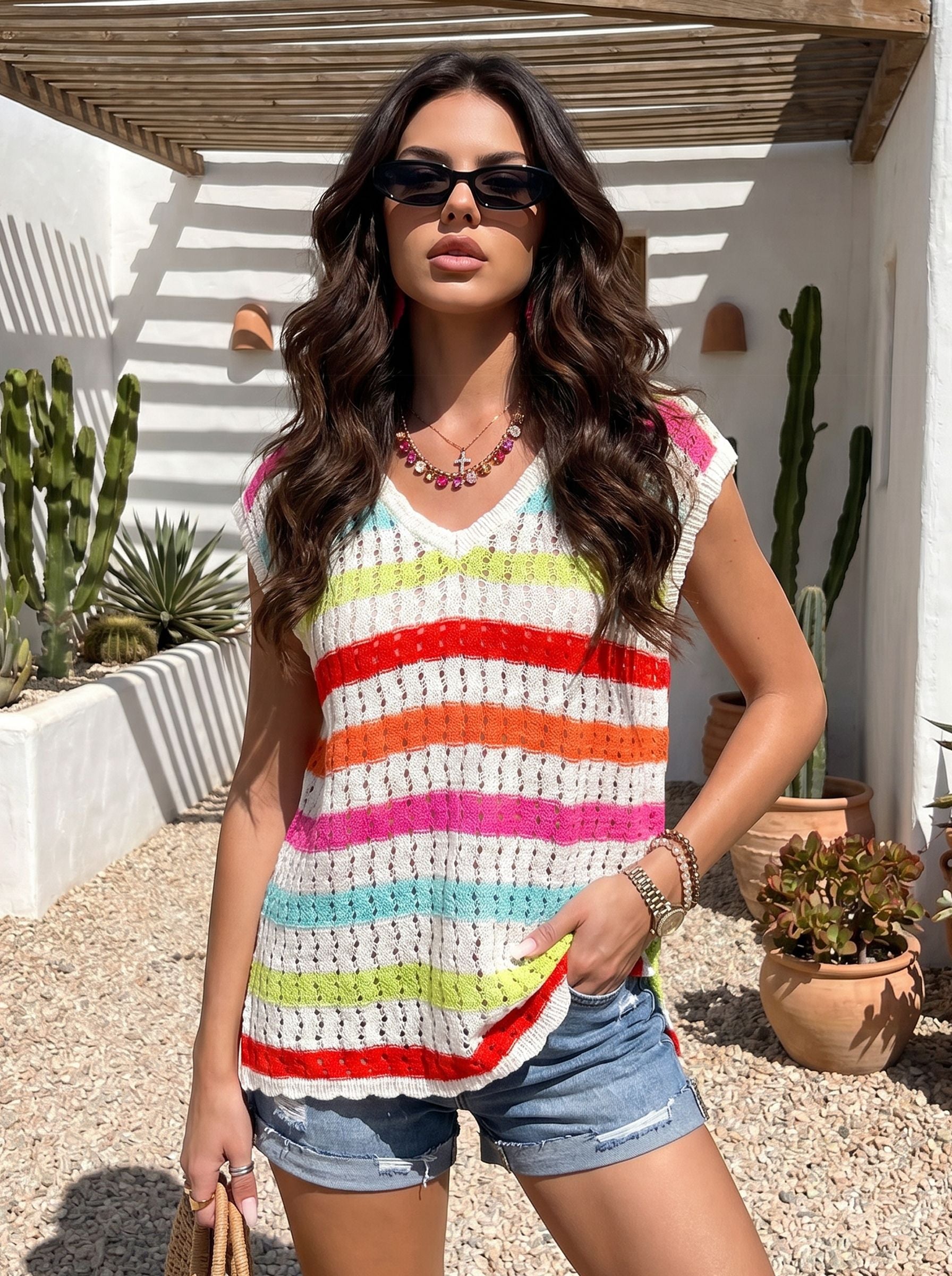 Colorful Striped V Neck Sweater Vest