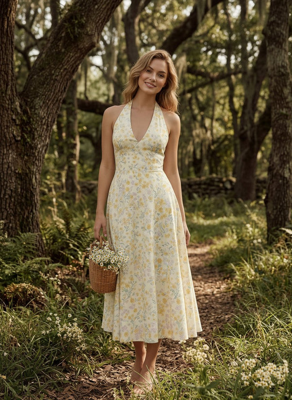 AURELIA Floral Print Halter Neck Tie Back Midi Dress