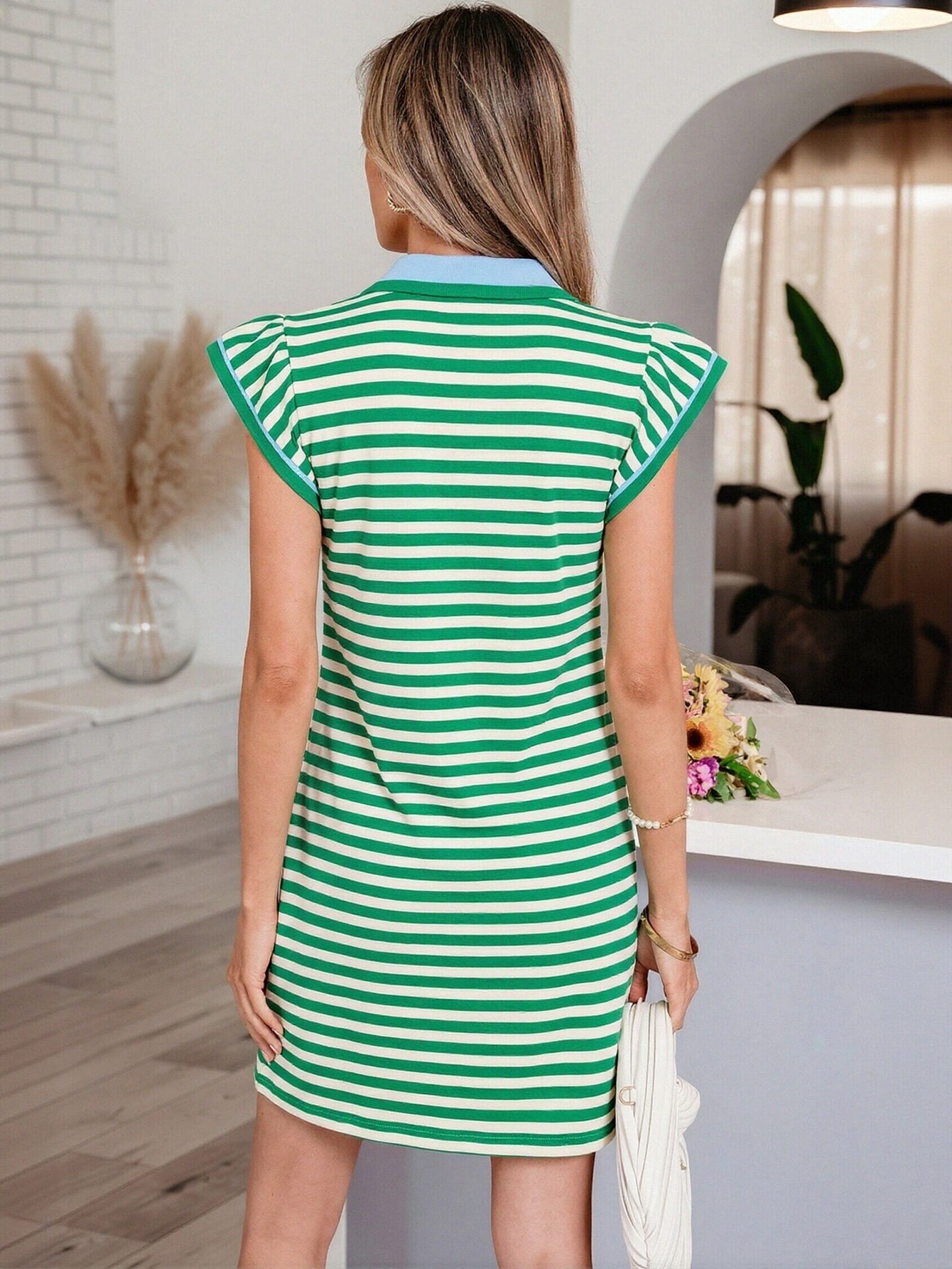 Striped Lapel Ruffle Sleeve Mini Dress