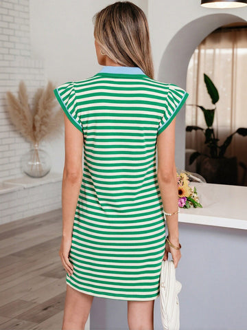 Striped Lapel Ruffle Sleeve Mini Dress