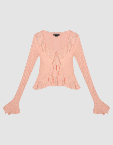 Urban Revivo Ruffle V-Neck Skinny Knitted Cardigan-Light Pink