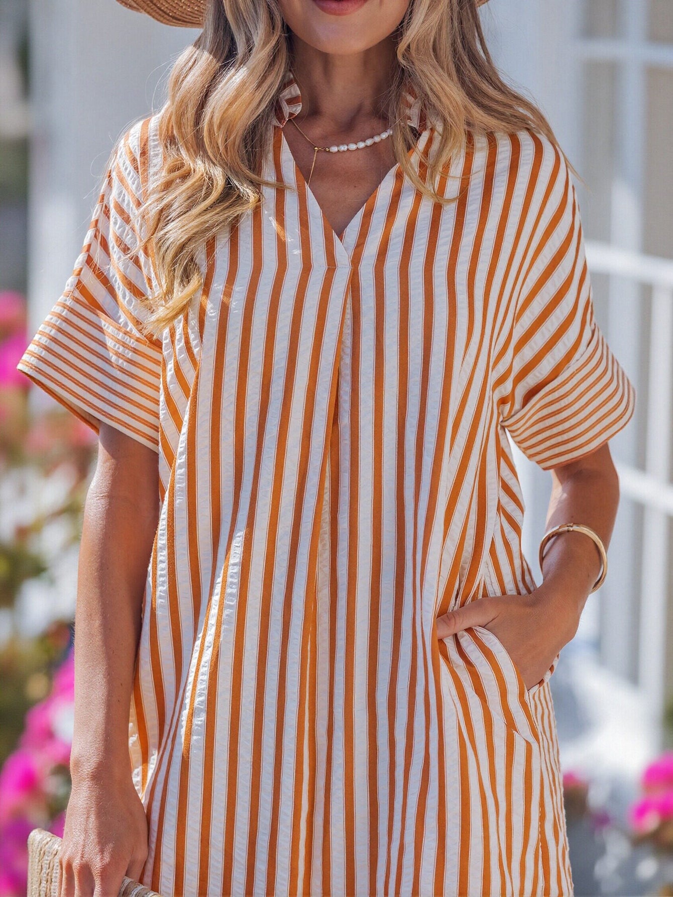 Casual Striped V Neck Mini Dress
