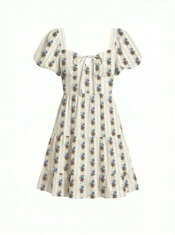 AYLA Floral Print Puff Sleeve Tiered Mini Dress