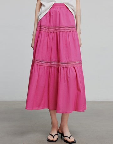 Tiered Lace-Insert Boho Midi Skirt