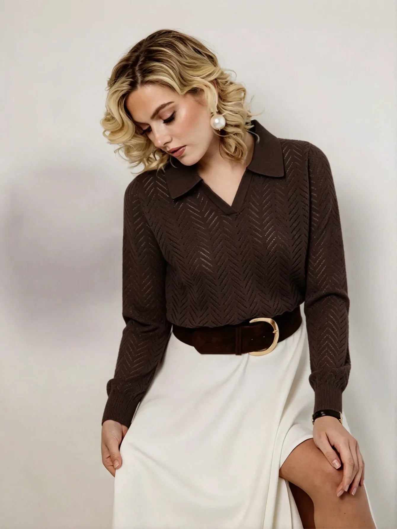 Textured Knit Collared Pullover Sweater