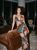 LILA Turquoise Snakeskin Print Cowl Neck Bodycon Maxi Dress